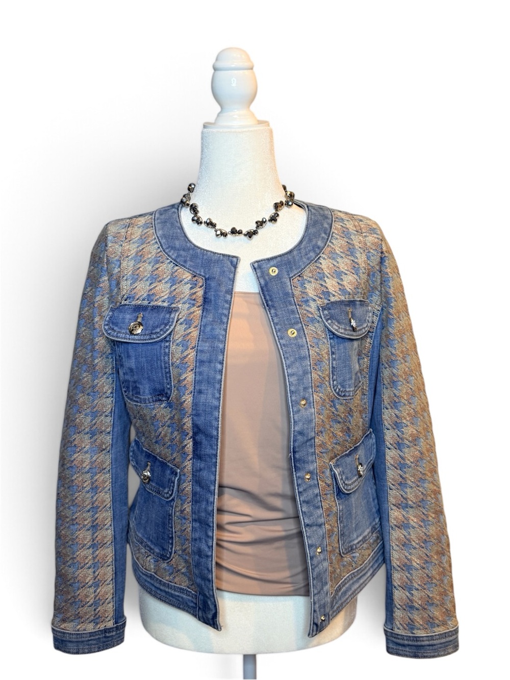 White House Black Market Light Blue Denim & Peach Tweed Jacket